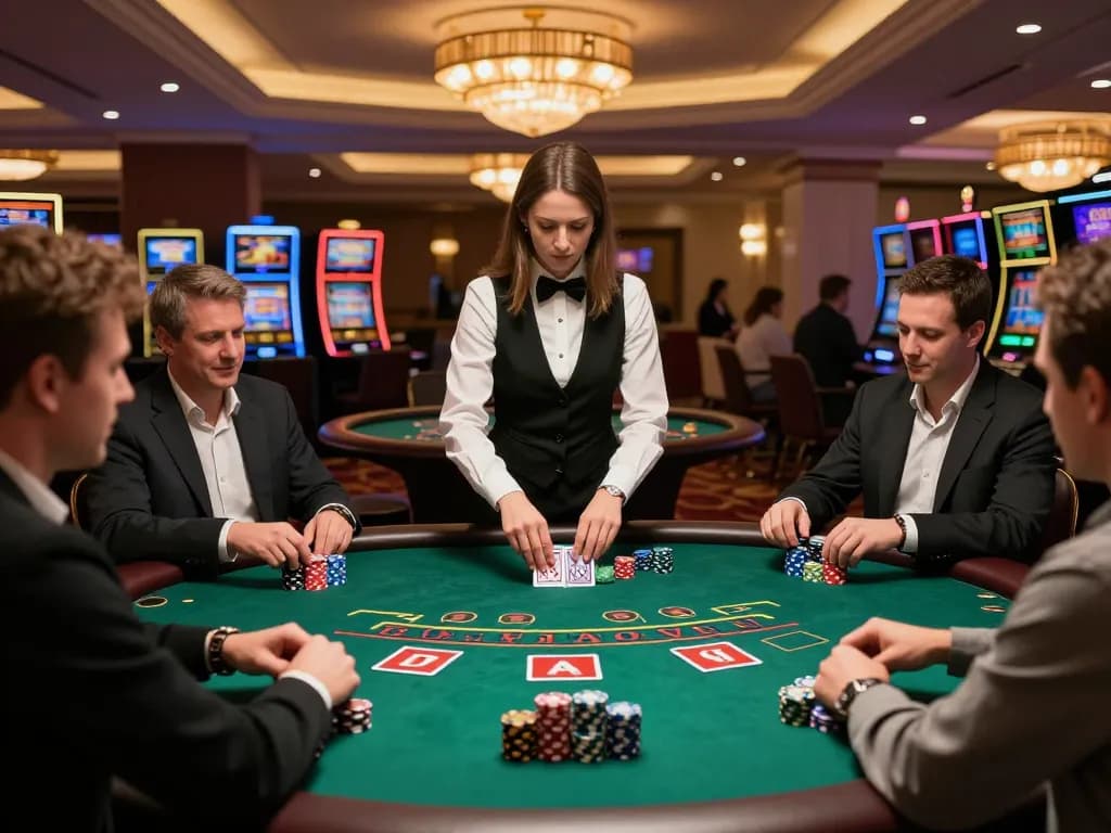 Players strategizing and placing bets at a U888 blackjack table in a vibrant casino
