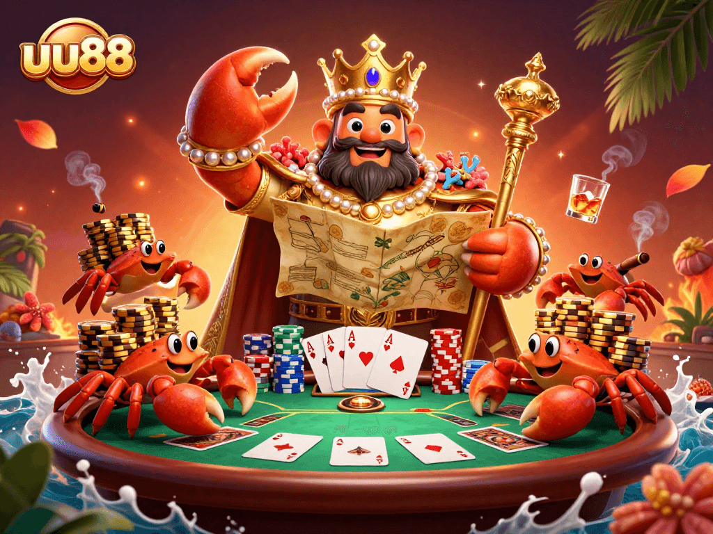 Experience the excitement of uu88 with a golden crab emperor leading a vibrant casino scene.