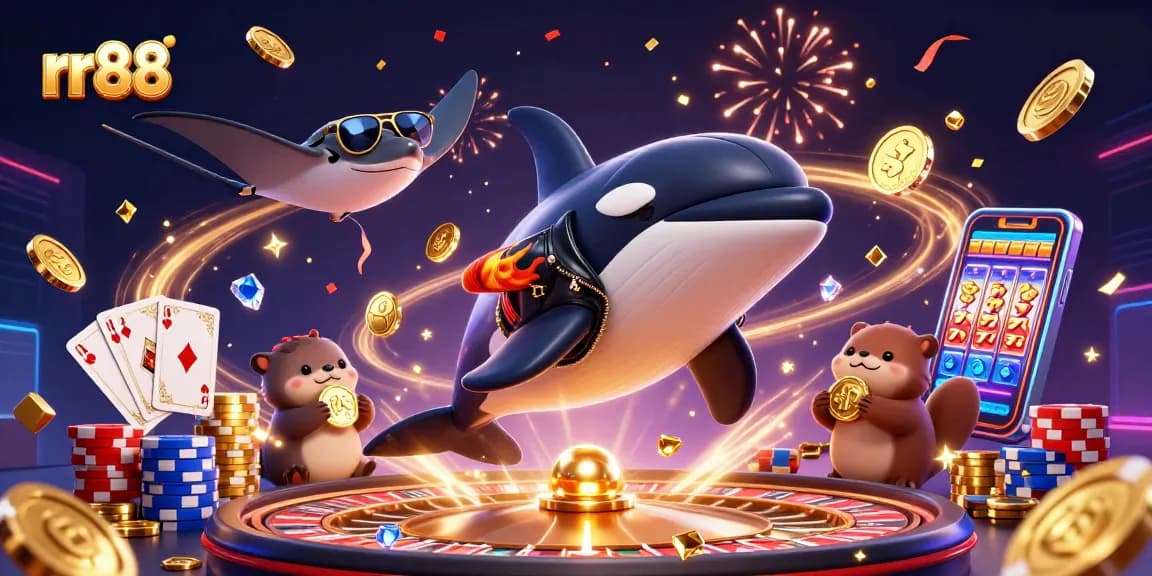 Experience excitement with rr88's dynamic gaming scene featuring orca, stingray, and sea otters.