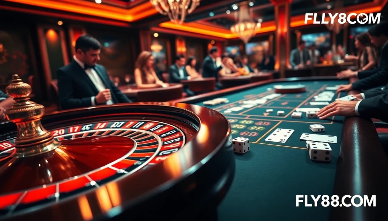 Engaging players at FLY88.COM enjoy a vibrant casino atmosphere with roulette and poker chips.