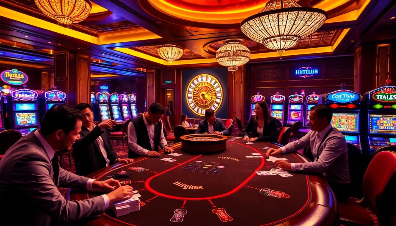Hitclub players enjoying an exciting casino experience at a luxurious gaming table.