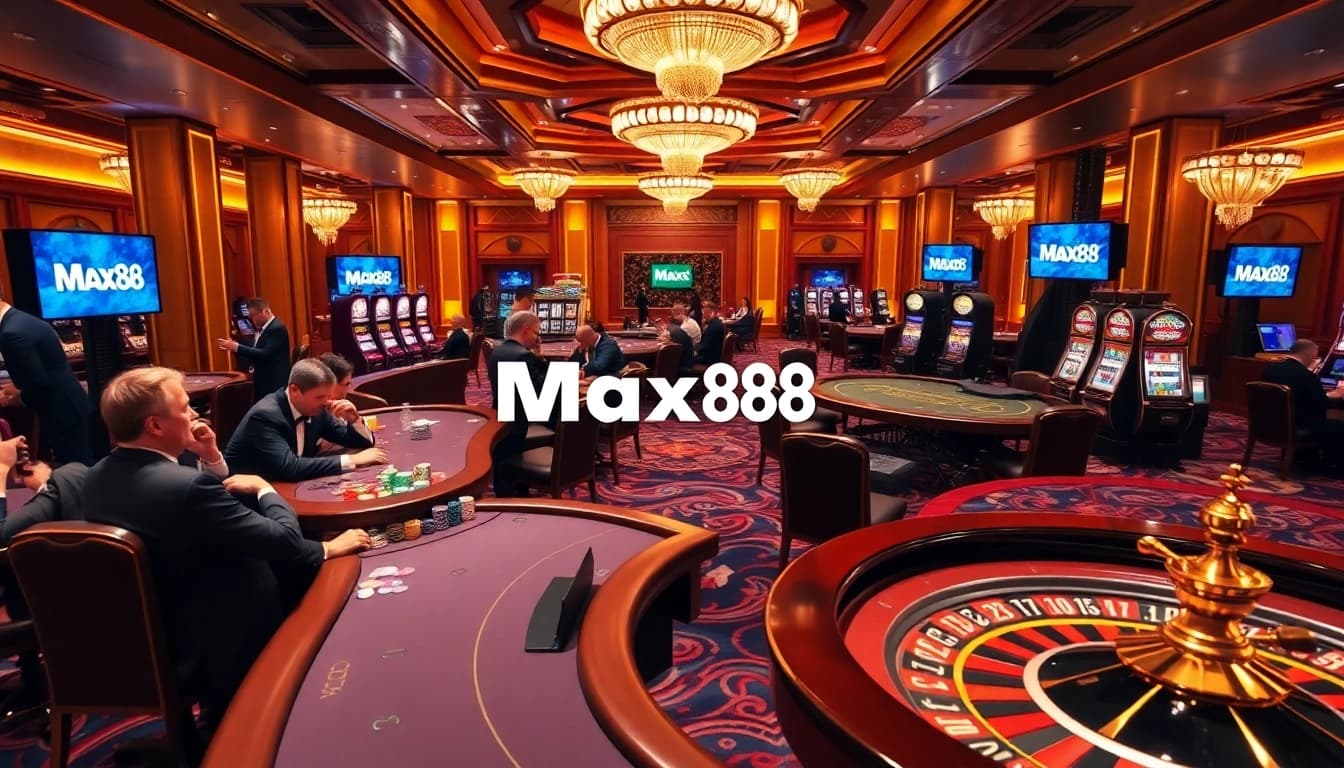 Max88 casino scene with elegant players at poker tables and vibrant slot machines.