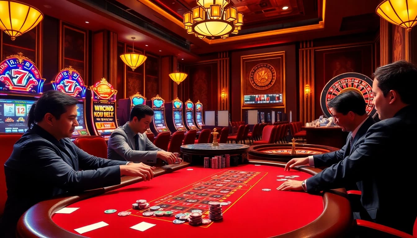 Kèo nhà cái betting scene with a lively poker game and vibrant casino elements.
