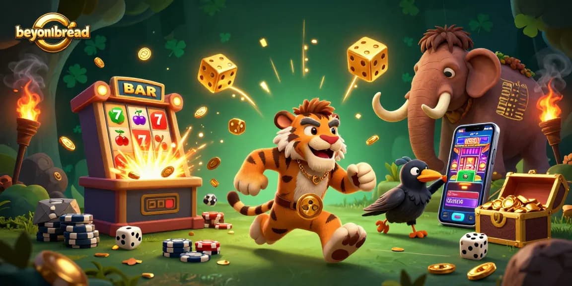 beyondbread: A vibrant 3D illustration of a caveman and sabertooth tiger managing a lively prehistoric casino.