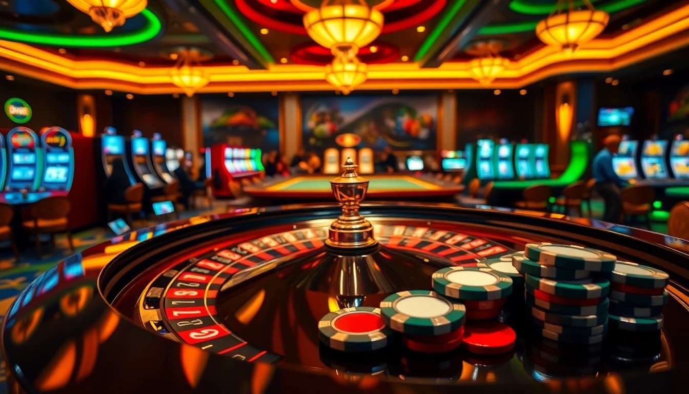 Join the excitement at DV88 with players enjoying roulette and poker in a vibrant casino atmosphere.