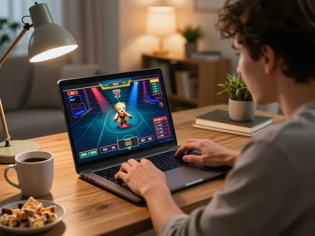 Engaged in online gaming at 789Win, a person enjoys vibrant casino graphics in a cozy home.