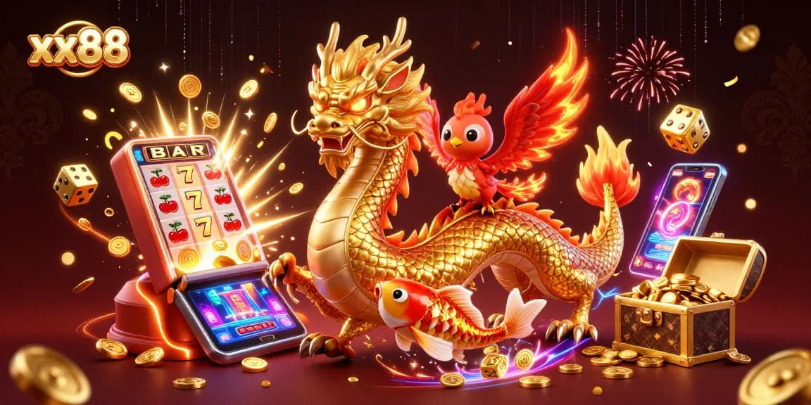 Experience the thrill of xx88 with dragon, phoenix, and koi amidst gambling excitement.
