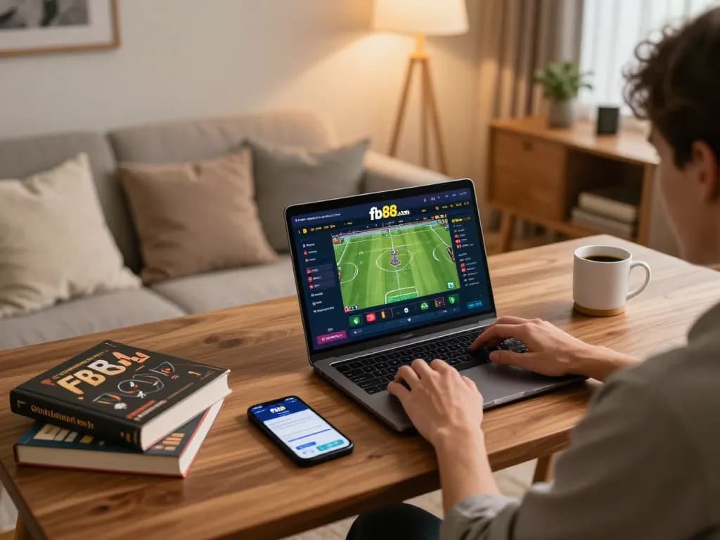 Engaging in sports betting on fb88.com in a cozy home gaming setup with laptop and smartphone.