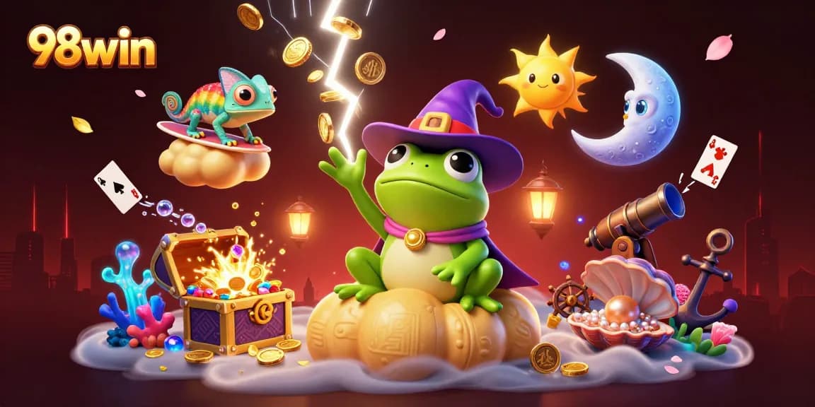 Join the fun with 98win as the weather wizard frog conjures a storm of golden coins amidst an exhilarating casino scene.