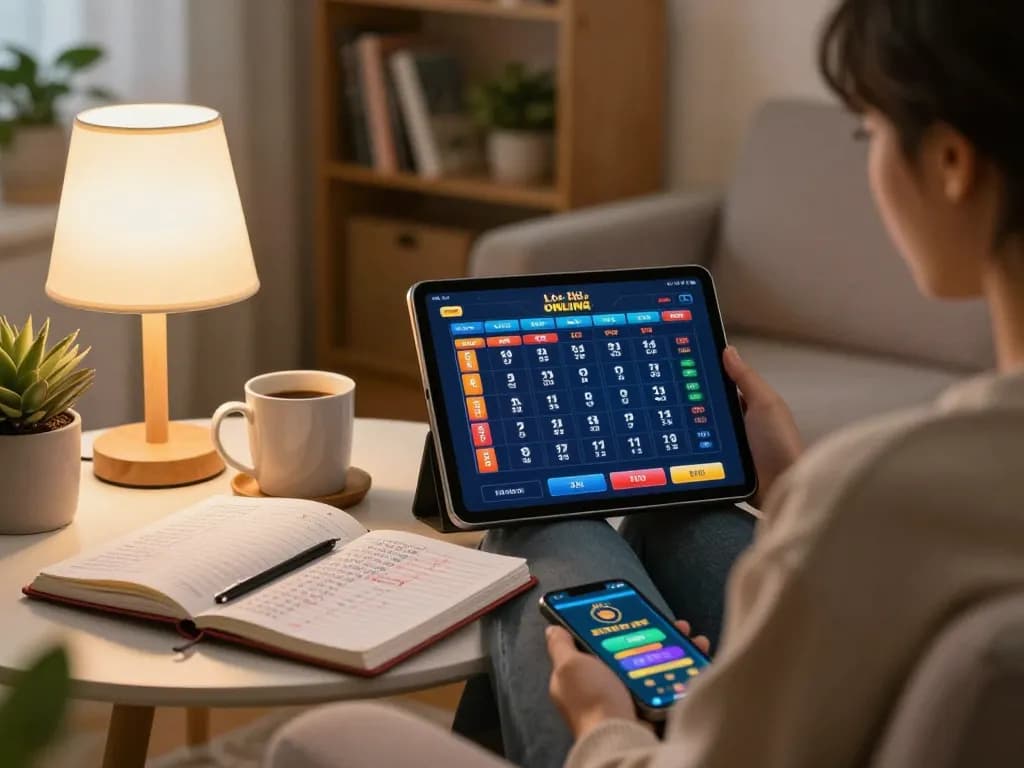 Engaged player focusing on Lô Đề Online betting strategies with a tablet in a cozy home setting.