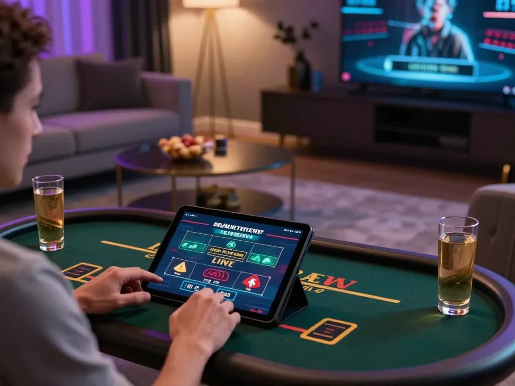 KUBET user immersed in a live dealer game on tablet during a cozy home gaming session.