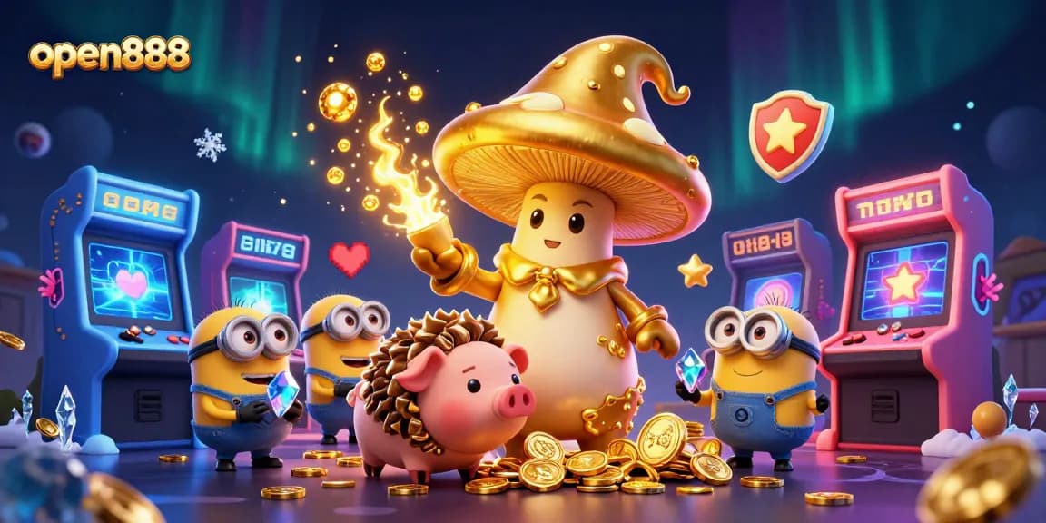 Experience the magic and treasure hunting of open888 in an enchanting 3D casino scene.