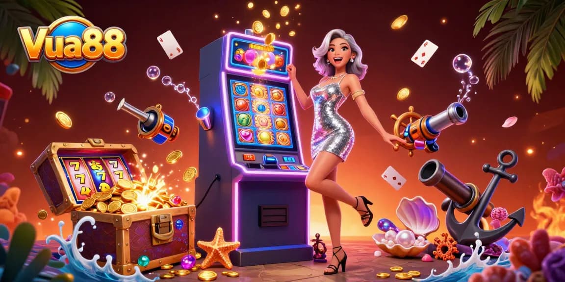 Spin and win big with Vua88 on a vibrant slot machine amidst a burst of gold coins.