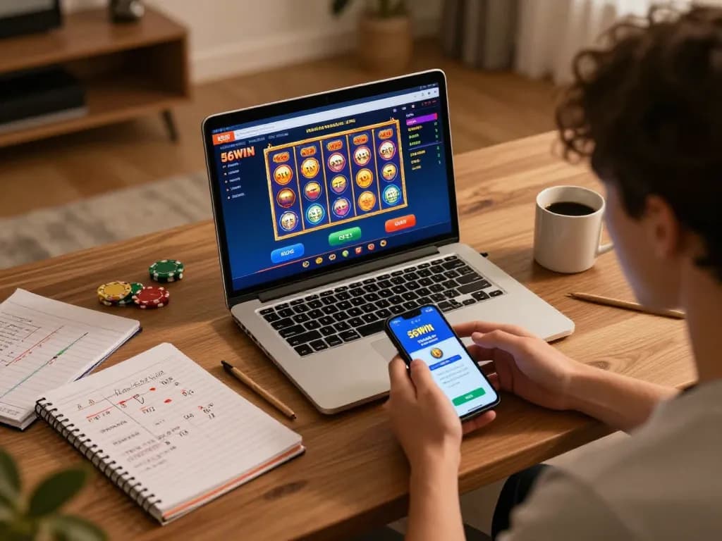 Engaged player strategizing on 56WIN mobile app and laptop for online casino gaming.