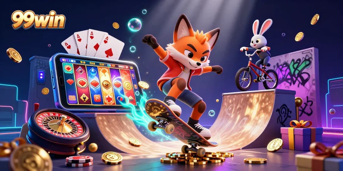 Engage in thrilling gameplay with the vibrant 99win casino scene featuring fun characters and colorful slot games.