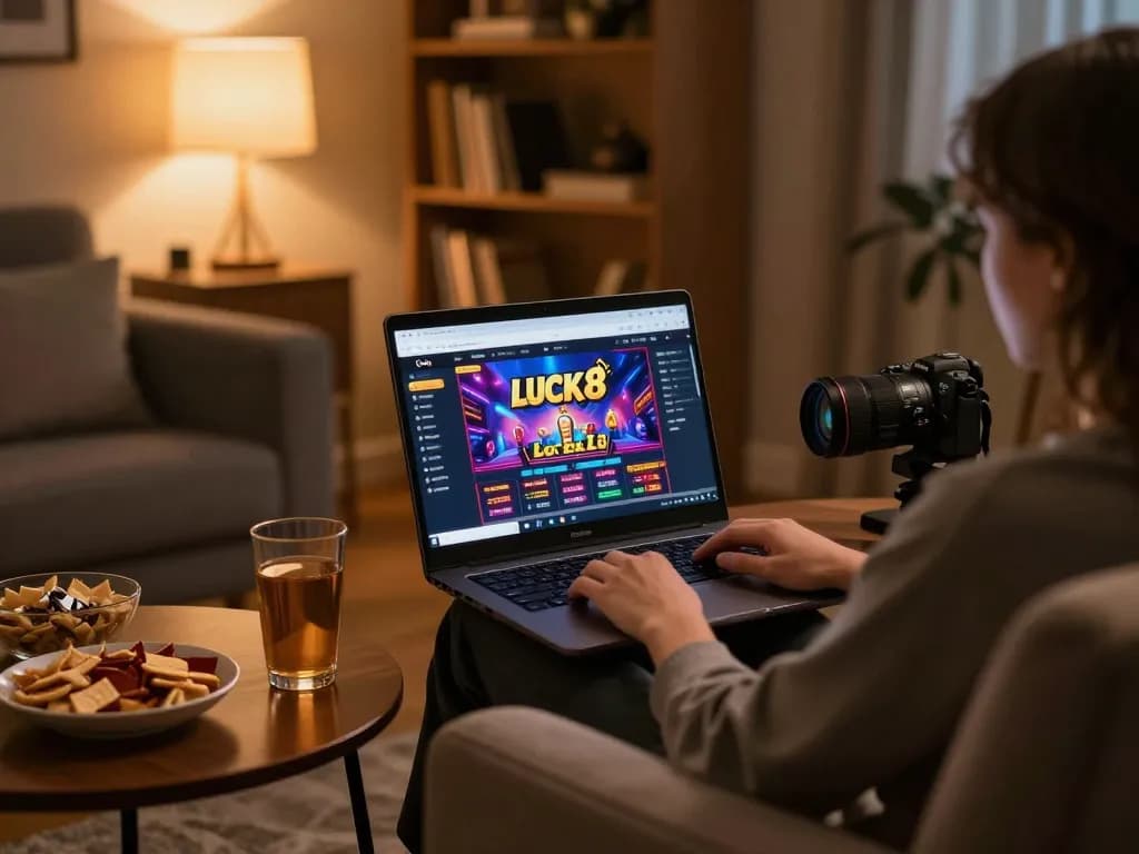 Player enjoying LUCK8 online casino experience on a cozy night with warm lighting.