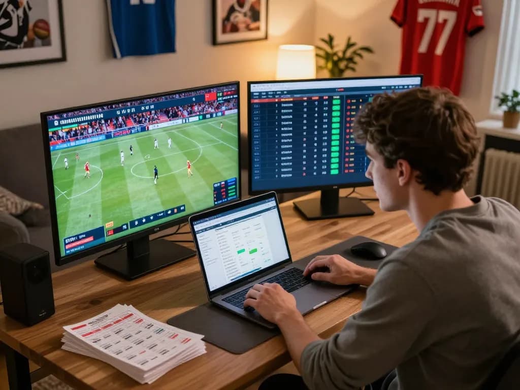 Tỷ lệ kèo nhà cái hôm nay featured in a lively home sports betting scene with multiple screens displaying games.