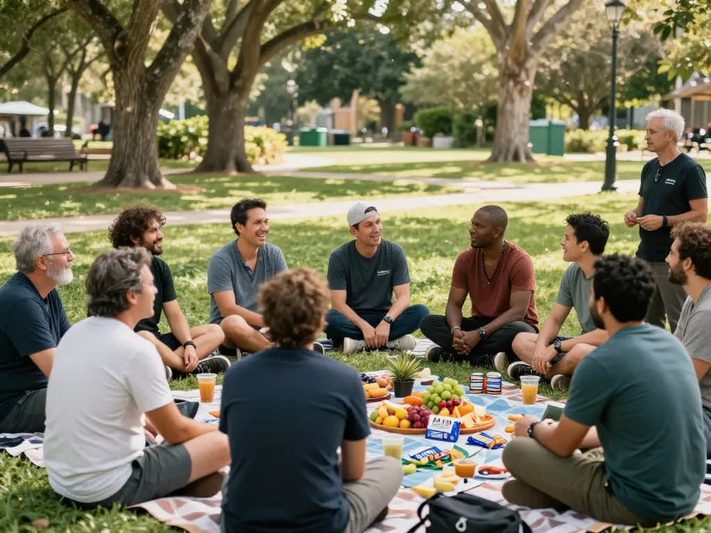 A supportive gathering of men at a ManClub event in a park, enjoying conversation and connection.