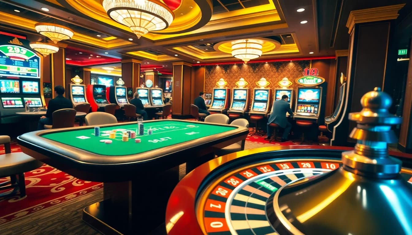 i9bet players engaging at an upscale casino table with vibrant poker chips and dynamic slot machines.