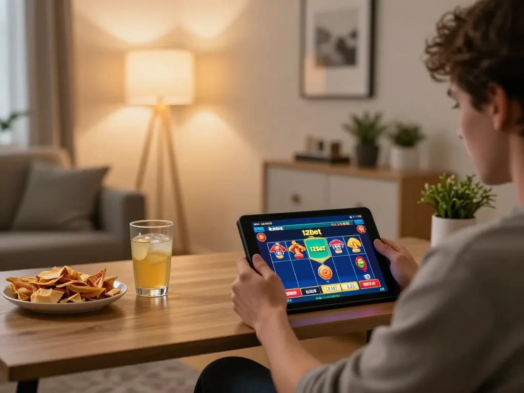 Trải nghiệm Link 12bet trong một không gian ấm cúng với một người đang tận hưởng trò chơi trực tuyến trên máy tính bảng