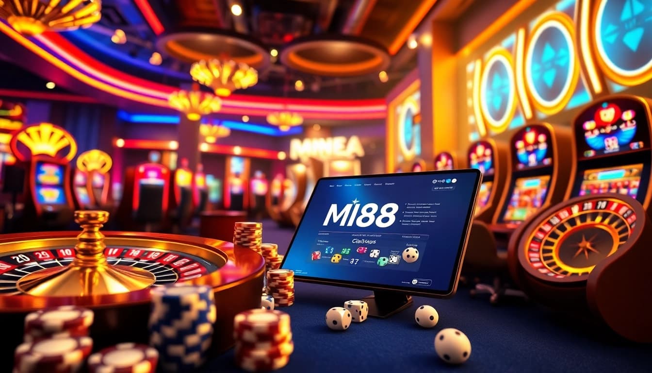 Explore the exciting atmosphere of online gambling at https://mm88.moe/ featuring poker chips and roulette wheels.