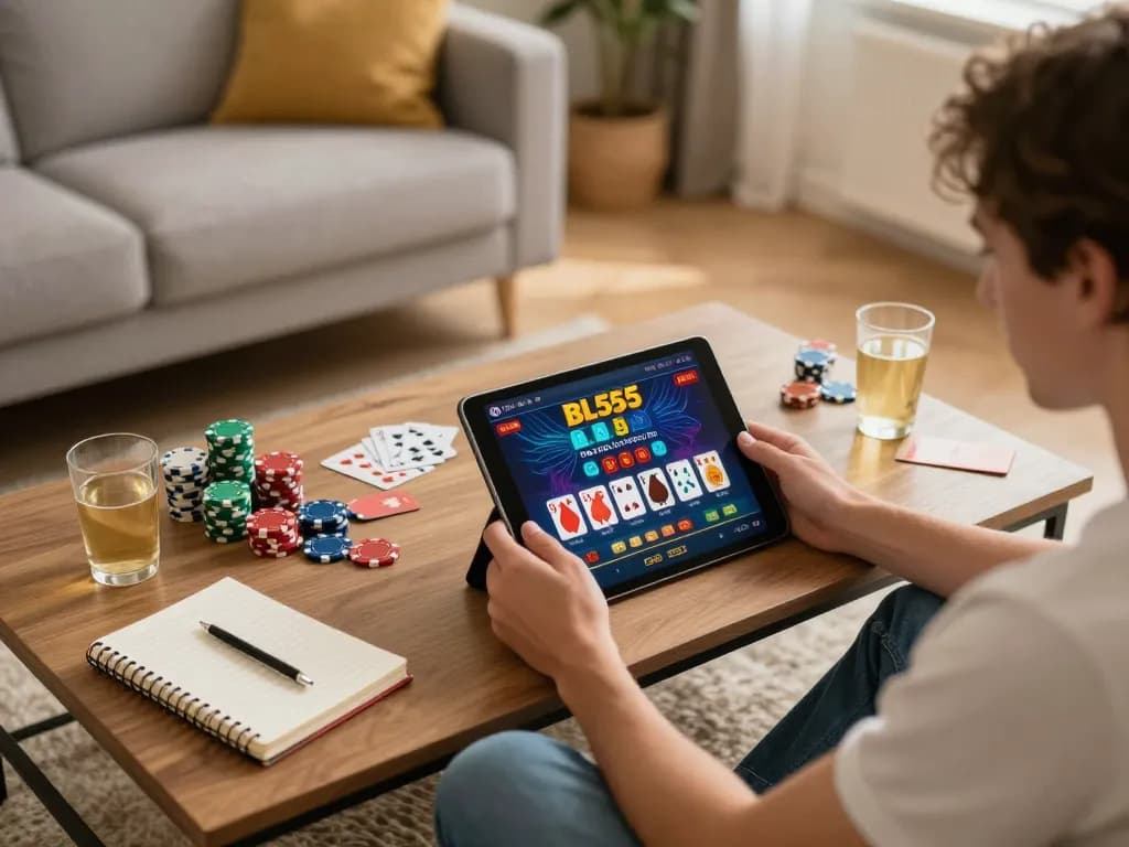 Experience the thrill of playing on BL555 không bị chặn in a cozy home setting with a tablet display.