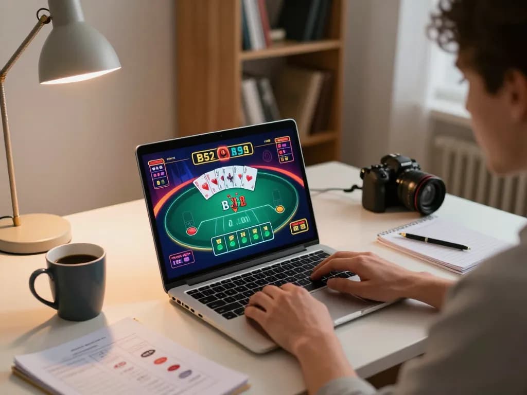 B52 online poker game in action, showcasing player engagement on laptop and strategic setup.