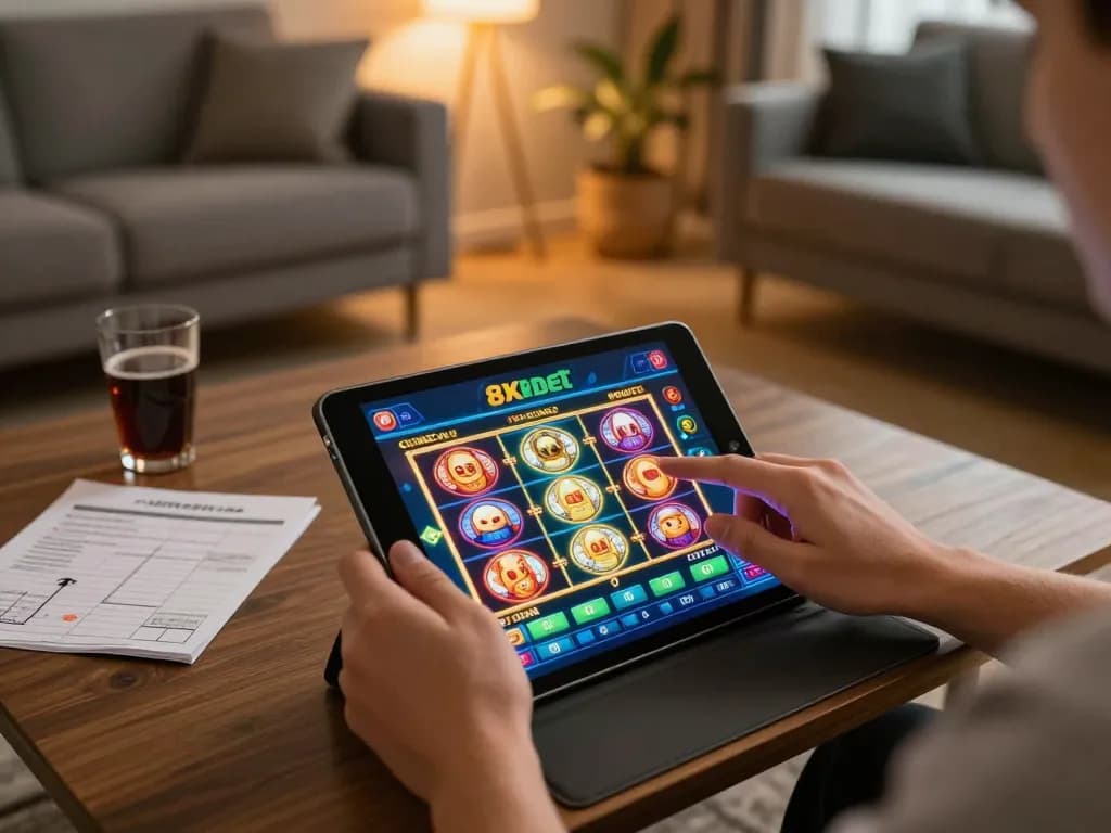 Player engaging with 8xbet casino app on tablet while enjoying a comfortable home setup