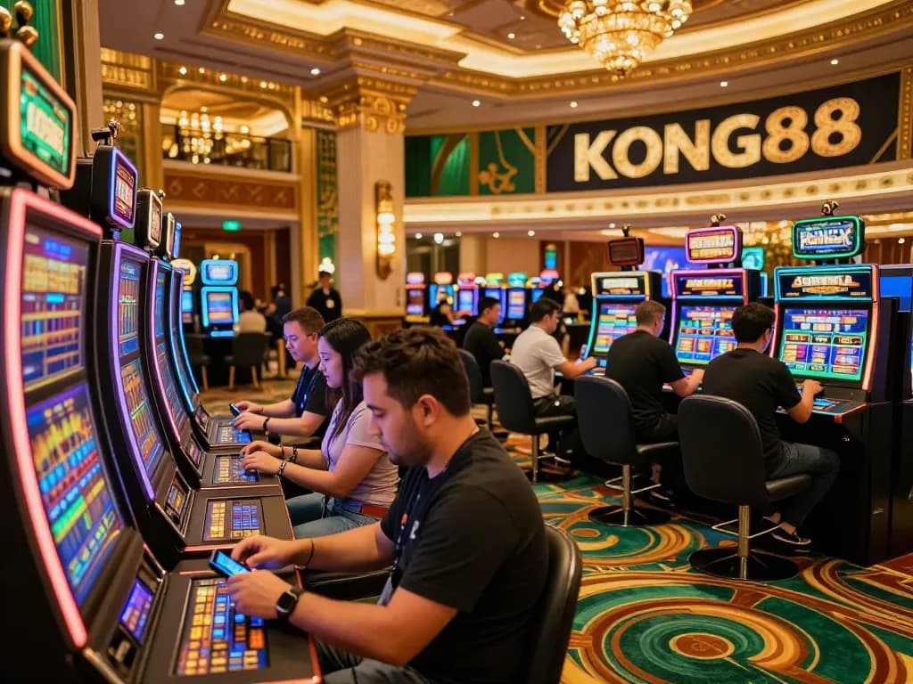 KONG88 players enjoying animated slot games in a vibrant casino atmosphere