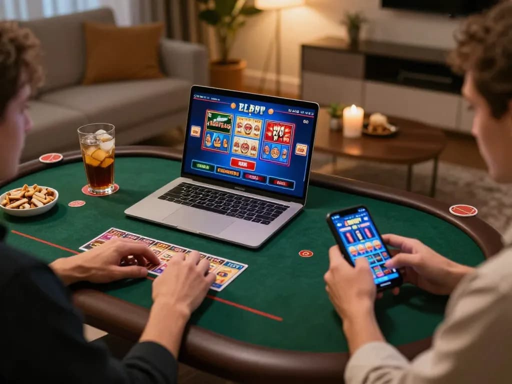 Engaging in responsible gaming with ww88aw on laptop and smartphone in cozy home.