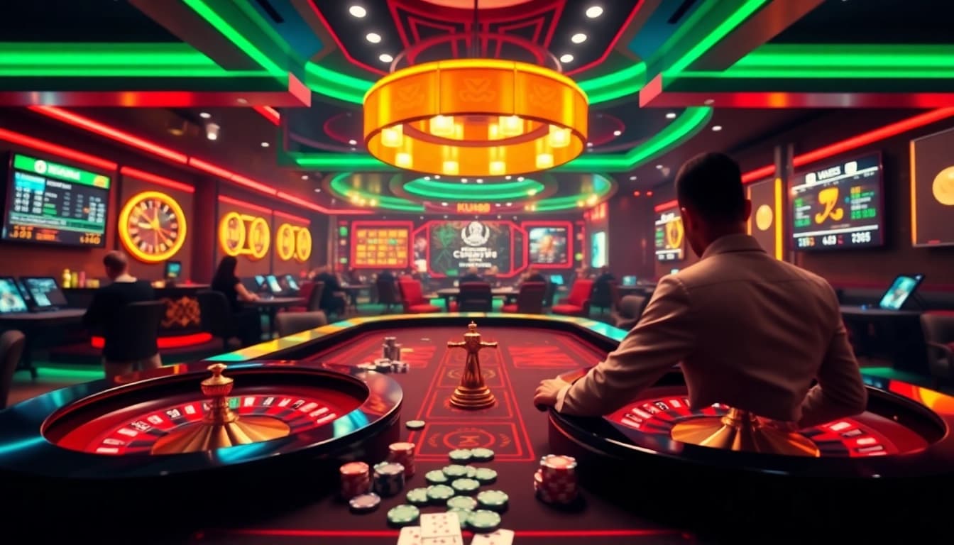 Engaging gaming at ku88's online casino with vibrant roulette and poker elements.