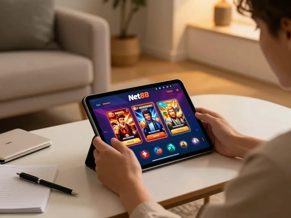 Player engaging with Net88 casino app on tablet at a cozy home setup.