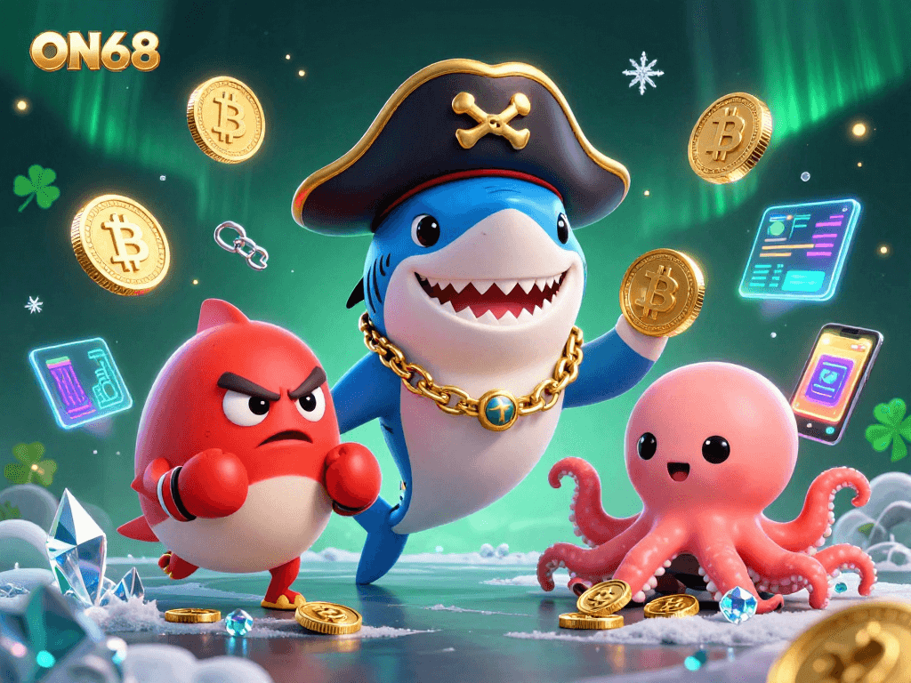 Experience exciting wins with ON68, showcasing a pirate shark and friends amidst crypto elements.