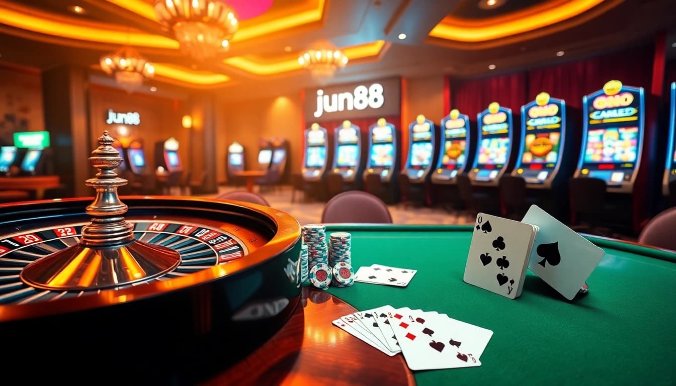 Experience the excitement of Jun88 with vibrant casino tables and gleaming chips in play.