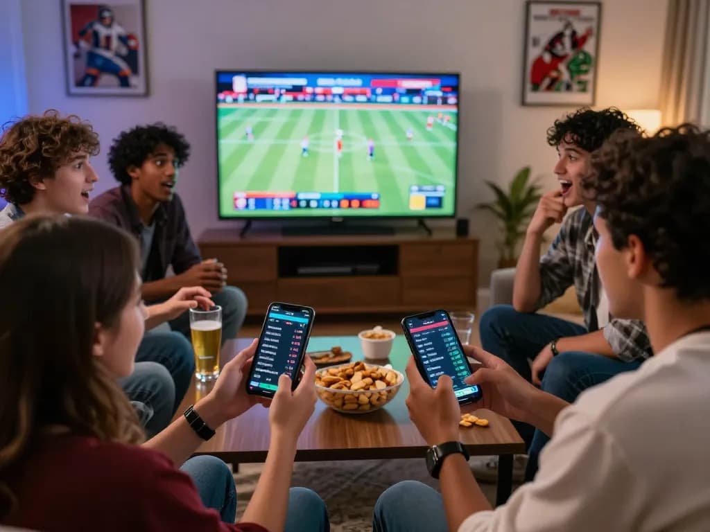 Friends engaging in sports betting with live odds on smartphone while watching games, keo nha cai excitement in a lively home setting.