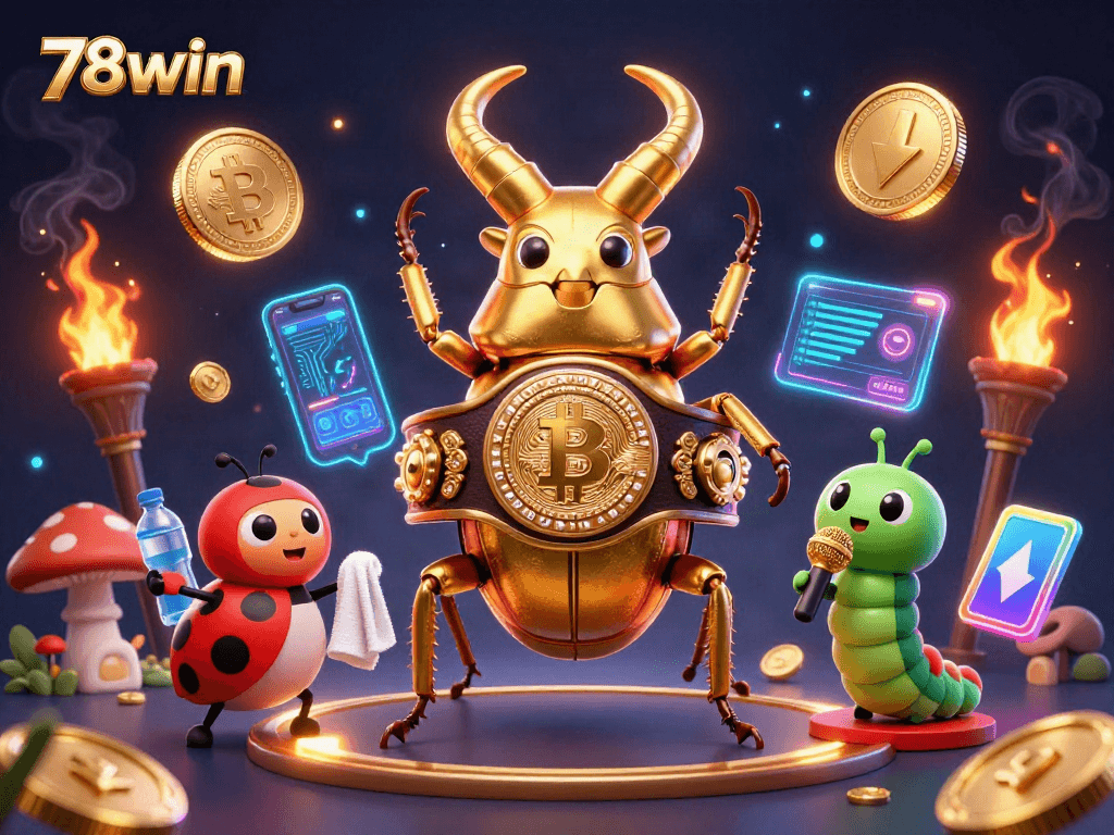 Engage with 78win’s vibrant crypto casino scene featuring a golden stag beetle champion amidst Bitcoin and Ethereum!