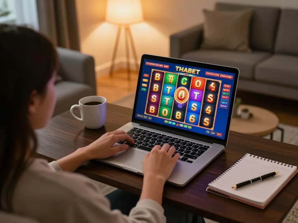 Engaging player enjoying a THABET slots game on laptop in cozy living room.