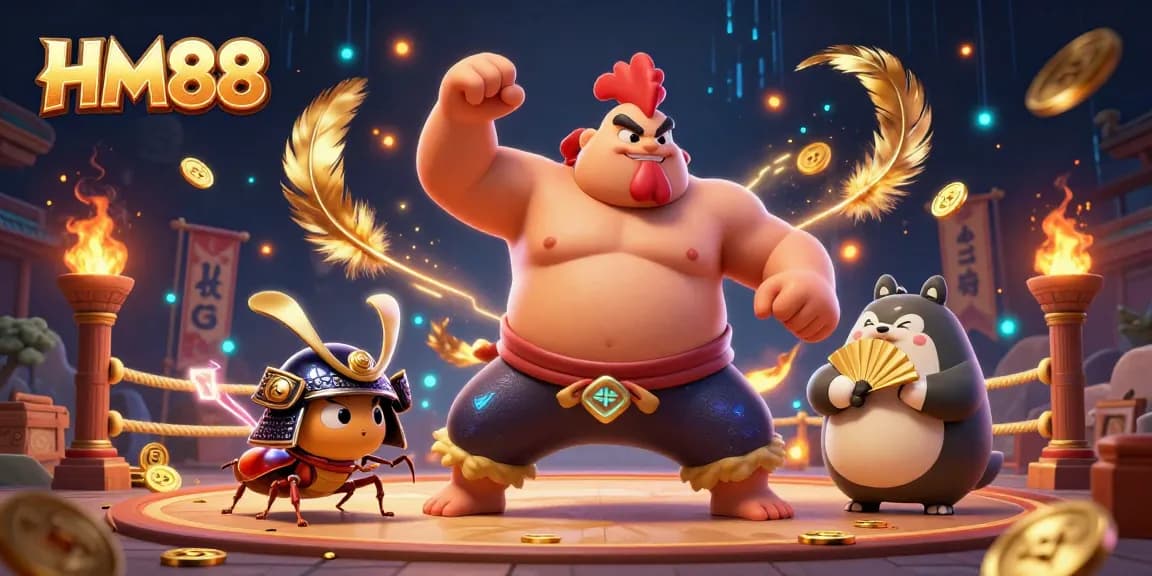 Join the excitement at HM88, where a powerful sumo wrestler rooster and fierce samurai cricket battle in a dynamic casino scene.