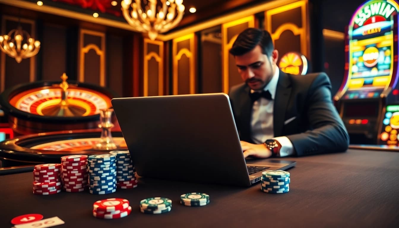 Engage with 555win at a luxurious online casino table featuring poker chips and a glowing roulette wheel.