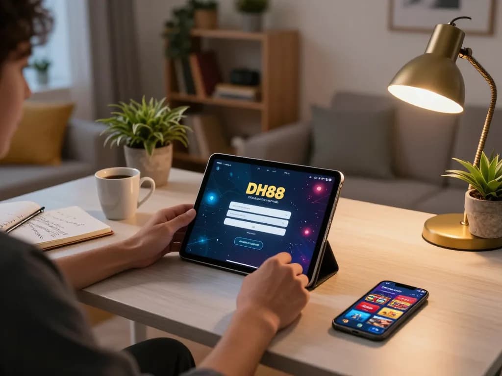 Engaging in online gaming and đăng nhập dh88 on a tablet, showcasing a cozy gambling atmosphere.
