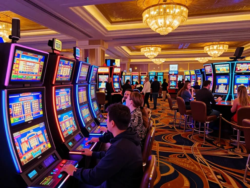 79KING players enjoying vibrant slot machines in lively Vegas casino atmosphere