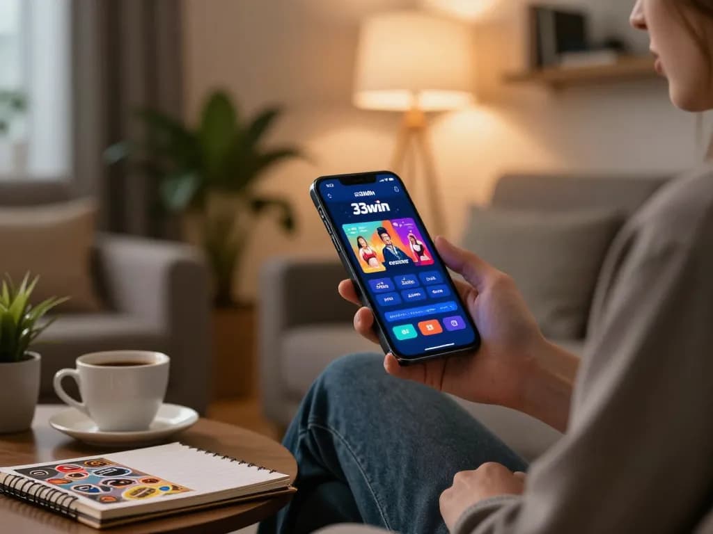 Engage with the 33win app on a smartphone in a cozy living space, illustrating responsible gaming.