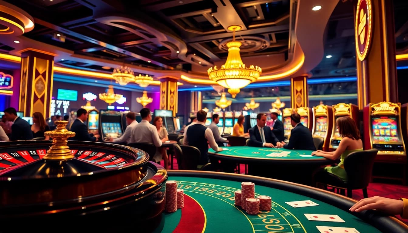 Experience thrilling gameplay at https://mtr888.com/ with vibrant casino visuals showcasing poker tables and slot machines.