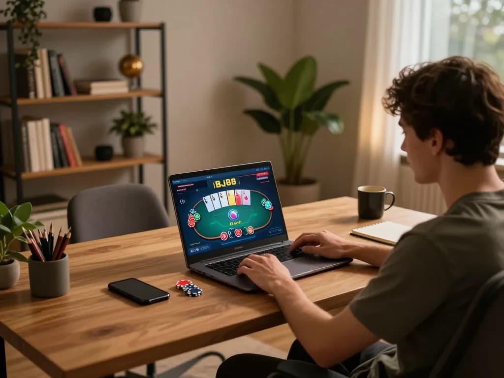 Engaging in BJ88 online poker gameplay from a cozy home office setting