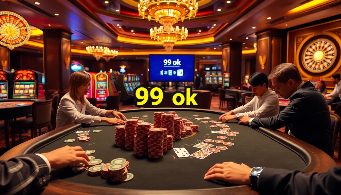 A thrilling poker game at the luxurious 99 ok casino captures the excitement of high-stakes betting.