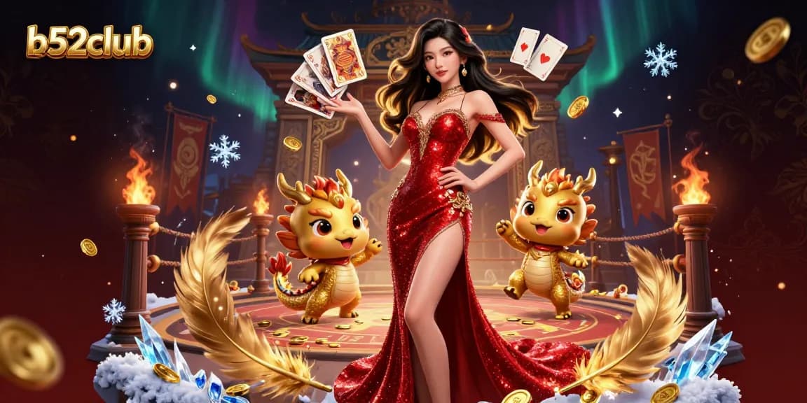 Engage in thrilling gaming experiences at b52club with interactive casino elements and a striking Asian hostess