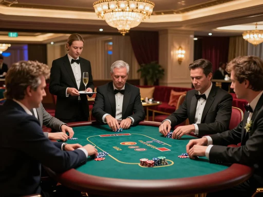 Players strategizing at the exclusive VIP poker table in an 88club casino, showcasing high-stakes gameplay and elegance