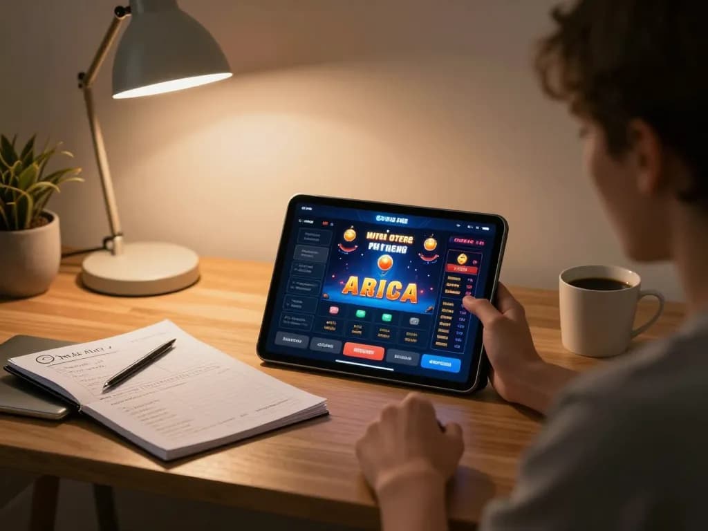 Engaged player using nhà cái jun88 online platform on tablet with home office comfort