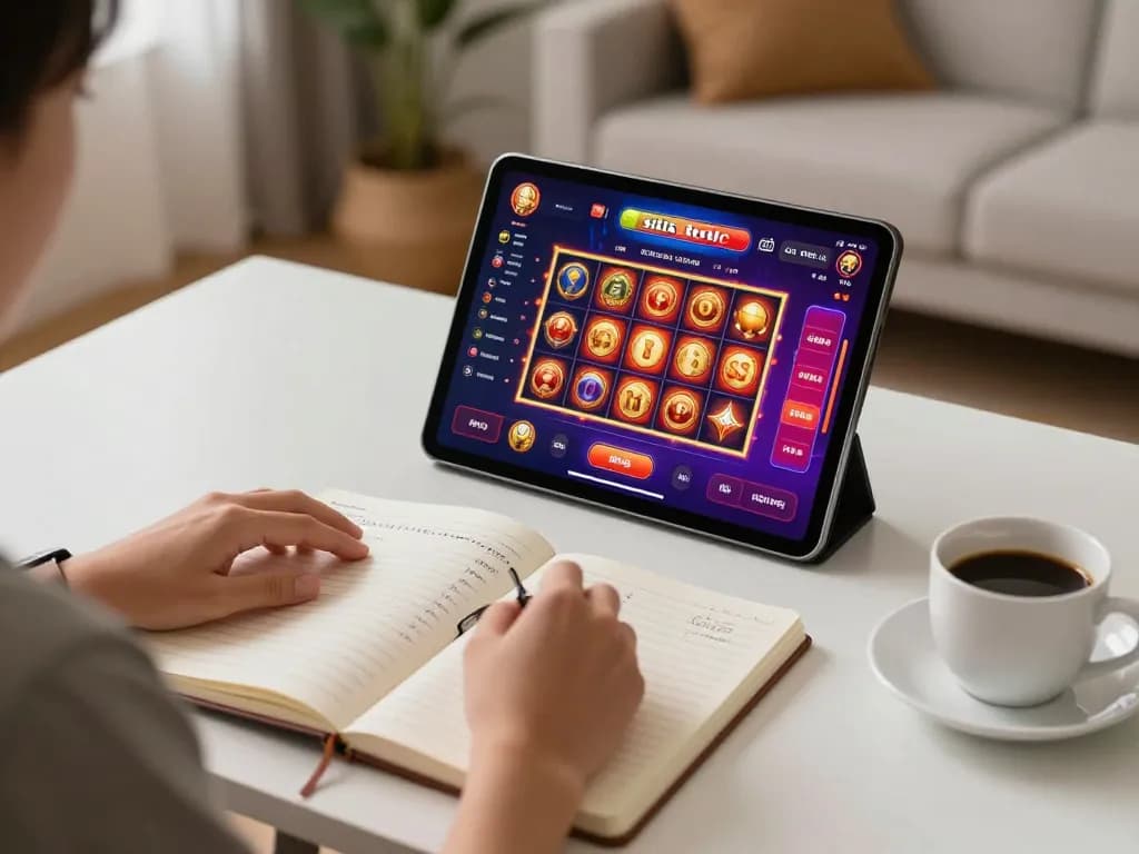 Pemain yang terlibat menikmati permainan situs toto di tablet dalam suasana rumah yang nyaman.
