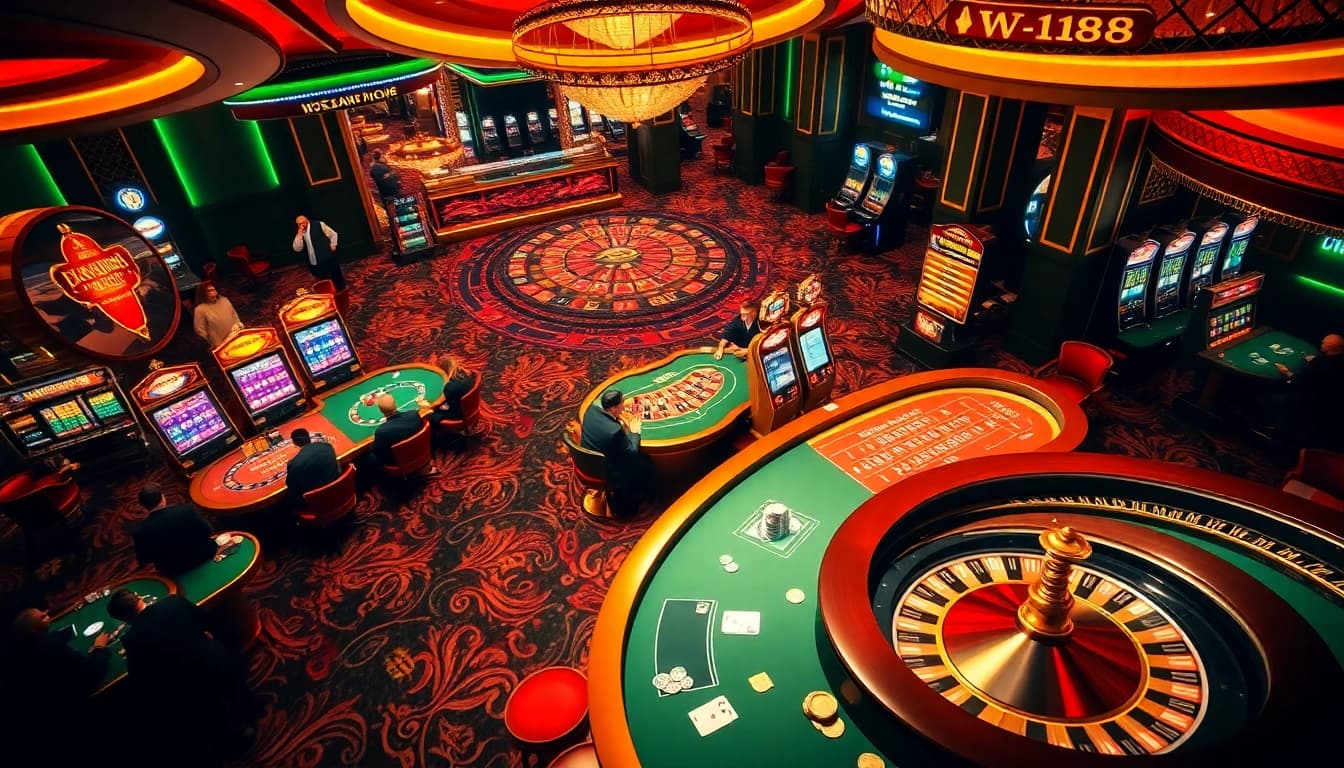 Players enjoying thrilling moments at W188 casino, showcasing poker, slot machines, and roulette excitement.